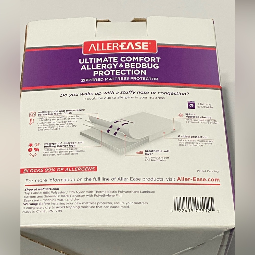 Allerease Allergy & Bedbug Protection Zippered Mattress Protector Full Size - Picture 5 of 12
